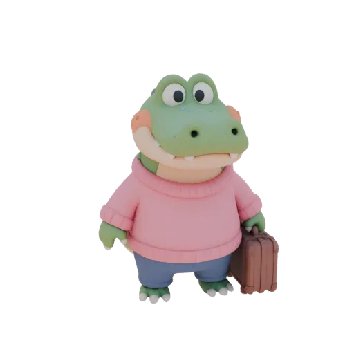3D модель Крокодила Гены в розовой кофте с чемоданом, стоящего на белом фоне.