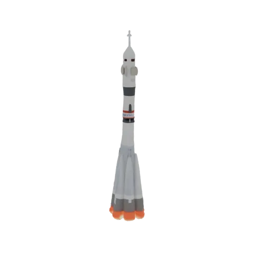 3D модель ракеты Союз, высокое многоступенчатое космическое судно с четырьмя ускорителями у основания и заостренным головным
