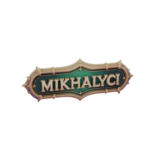 3D модель надписи "Михалыч" в резной рамке с изумрудным фоном и золотыми буквами