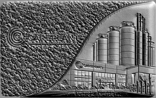 3D модель барельефа завода Careplant в стиле гравюры, с силосами и логотипом компании.