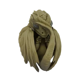 A 3D render of a small, light-brown baby dragon curled up tightly, with large blue eyes and detailed scales.