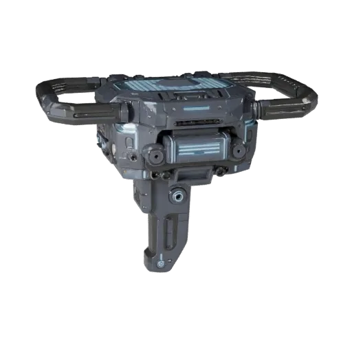 3D-модель модуля энергии Field Tech, вид спереди три четверти, вьюпорт Unity, с светящимися полосами и деталями формы.