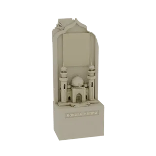 3D модель исламского памятника с центральной мечетью, двумя высокими минаретами, декоративным верхом и основанием с надписью.