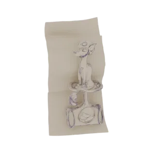 3D-рендер причудливой скульптуры собаки с эскизным видом, сидящей на абстрактном основании, на белом фоне.