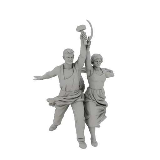 3D модель скульптуры «Рабочий и колхозница», мужская и женская фигуры держат серп и молот.