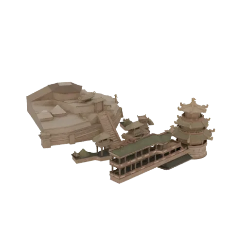 3D модель древнекитайского павильона с изогнутыми крышами, соединенного переходом с многоуровневым террасным сооружением с ле