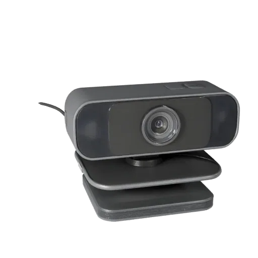 3D-модель Беспроводная веб-камера, трехчетвертной студийный рендер продукта, показывающий пластиковые корпуса, настольный мас