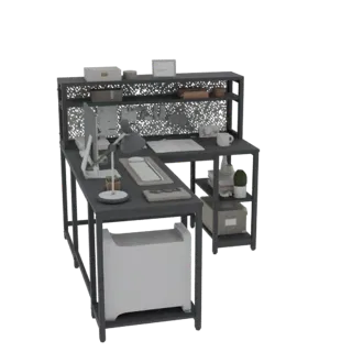 3D-модель современного Г-образного стола с интегрированными полками, компьютером, лампой и аксессуарами, отрисованная на бело