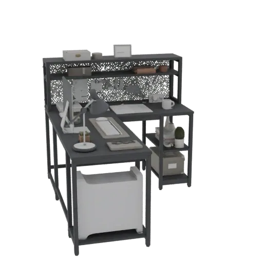 3D-модель современного Г-образного стола с интегрированными полками, компьютером, лампой и аксессуарами, отрисованная на бело
