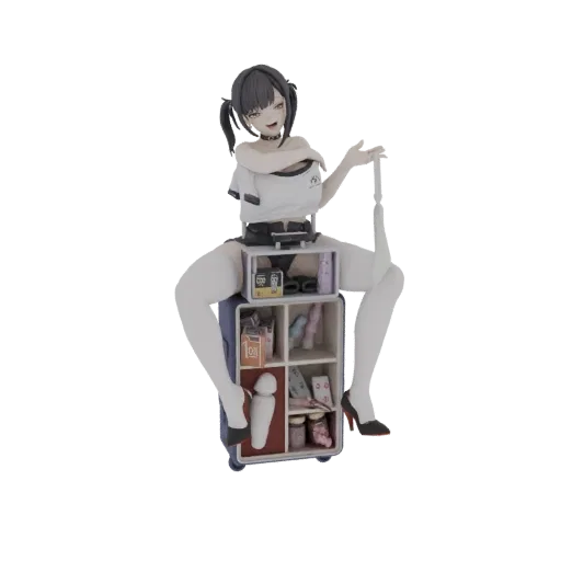 3D модель аниме девушки, сидящей на багаже-витрине с различными предметами.
