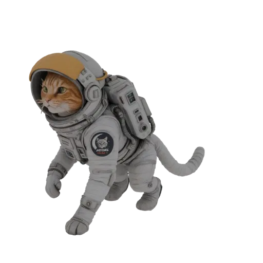 3D модель рыжего кота в белом скафандре с желтым шлемом, выглядит настороженно.