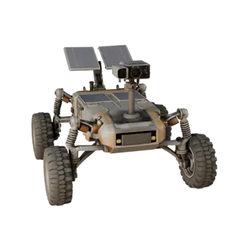 Реалистичная 3D-модель "Prospector Sample Collector", трехчетвертной студийный рендер, показывающий пыльные колеса, положение