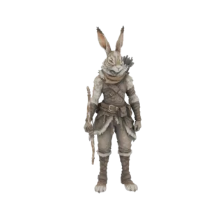 3D модель антропоморфного кролика-лучника, стоящего с луком в руке и колчаном за спиной, в реалистичном фэнтезийном стиле.
