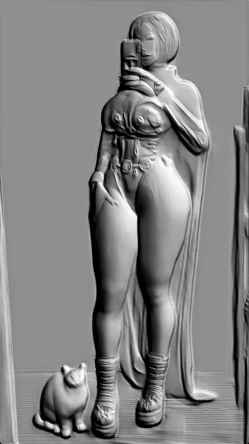 3D модель барельефа девушки, делающей селфи на телефон, рядом с ней сидит кошка
