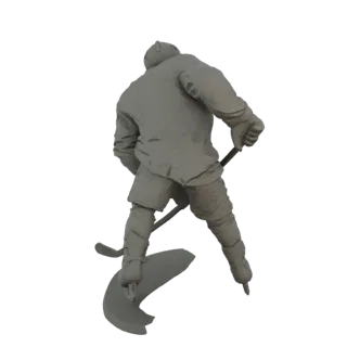 Вид сзади 3D-модели хоккеиста в динамичной позе катания с клюшкой.