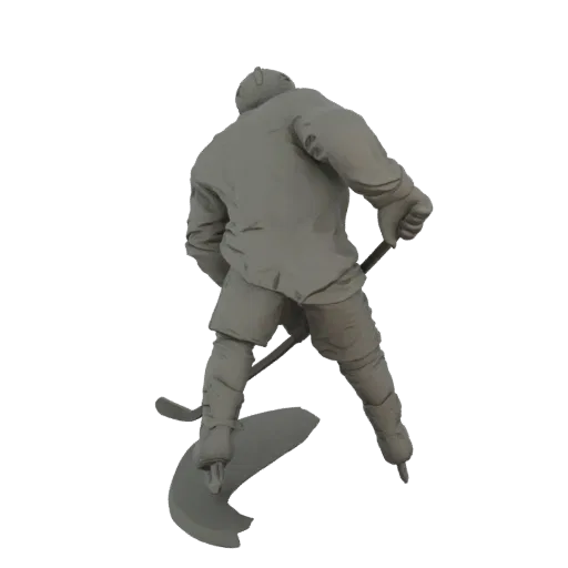 Вид сзади 3D-модели хоккеиста в динамичной позе катания с клюшкой.
