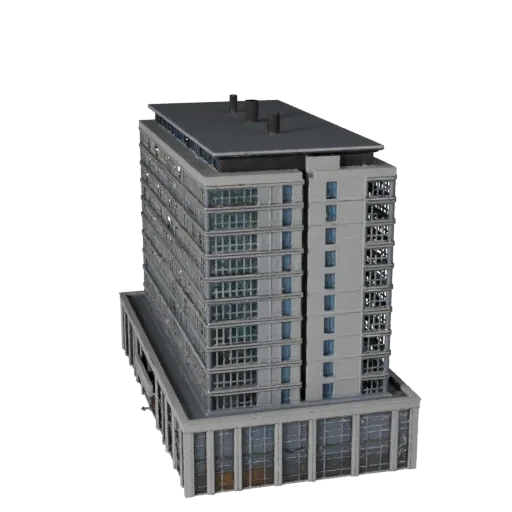 3D модель бизнес-центра, готовая к использованию в Blender, вид рендера студии Blender, показывающий материалы коммерческого