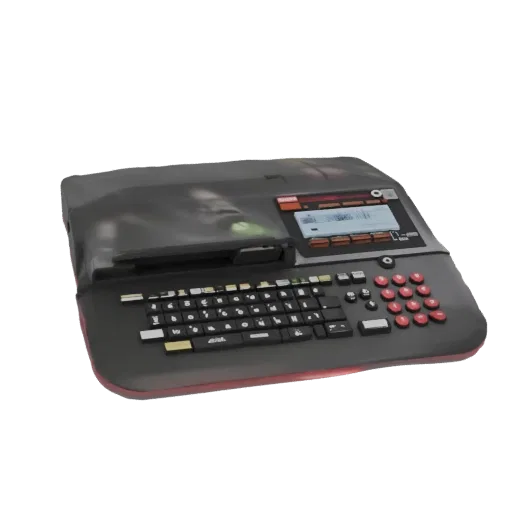 3D модель черно-красного лейбл-принтера с QWERTY клавиатурой и ЖК-экраном.
