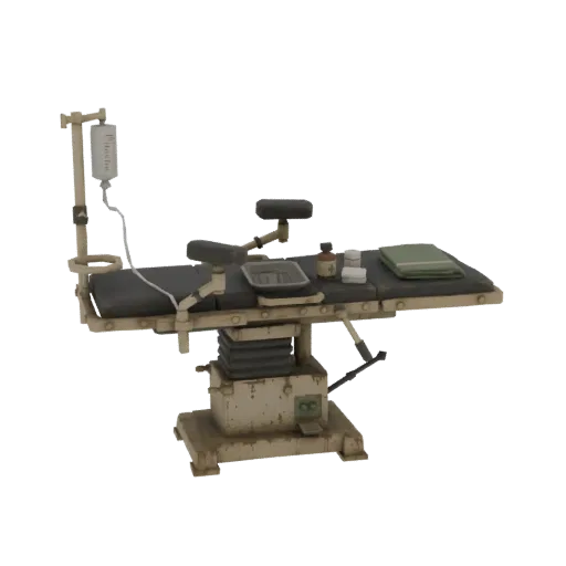 3D модель винтажного медицинского операционного стола с металлической основой, мягкой поверхностью, регулируемыми опорами и с