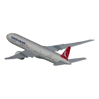 3D модель самолета Boeing 777-300ER Turkish Airlines, вид сбоку под небольшим углом, на светло-серой облачной поверхности.