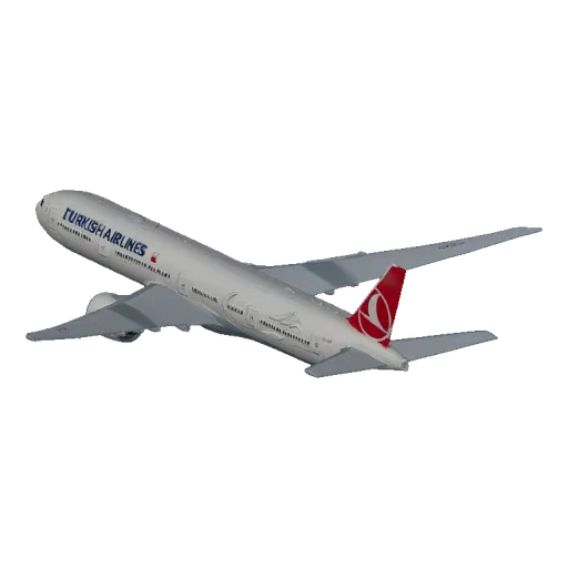 3D модель самолета Boeing 777-300ER Turkish Airlines, вид сбоку под небольшим углом, на светло-серой облачной поверхности.