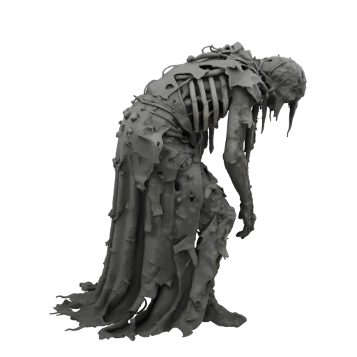 3D-модель скорбящего призрака в рваном саване, сгорбленная фигура, видны ребра и призрачные отростки.