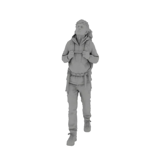 3D модель туриста с рюкзаком, вид спереди, взгляд вверх.