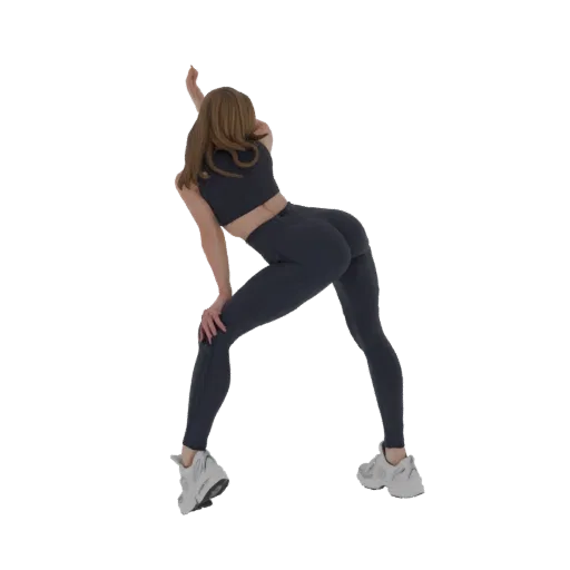 3D модель танцовщицы в темном спортивном костюме, запечатленная в движении с поднятой рукой и изогнутым телом.