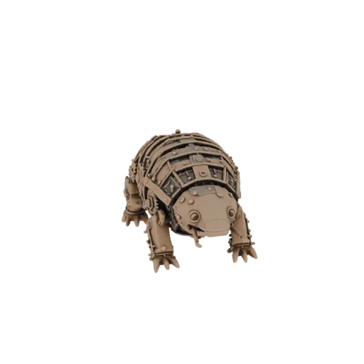 3D модель стимпанк броненосца с бронзовыми пластинами и видимыми шестеренками, стоящего на четырех лапах.