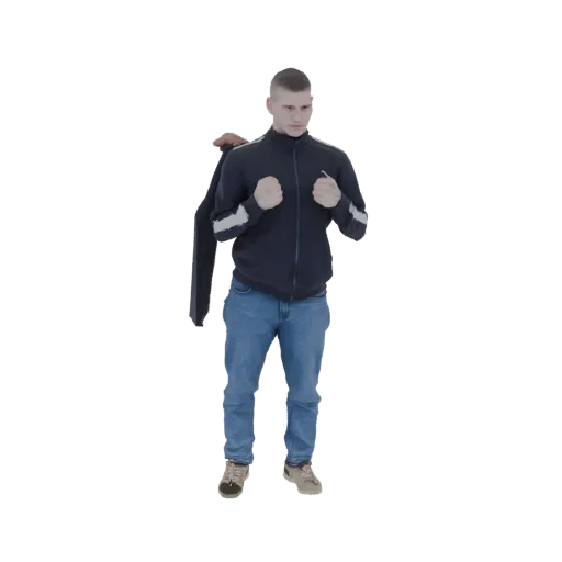 3D модель молодого человека в синем спортивном костюме и джинсах, с темной курткой на плече, стоящего на белом фоне.