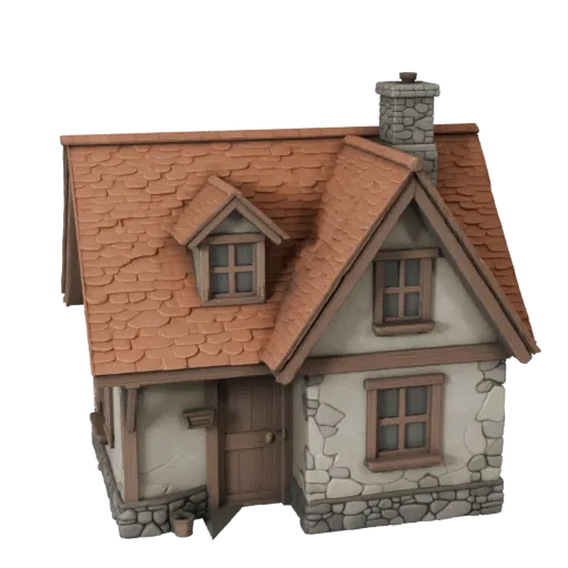 Печатная STL 3D модель коттеджа, изометрический вид, показывающий материалы жилого здания и архитектурные детали