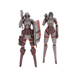 3D render of two sci-fi female soldiers, one holding a rifle and shield, the other holding a pistol, against a white backgrou