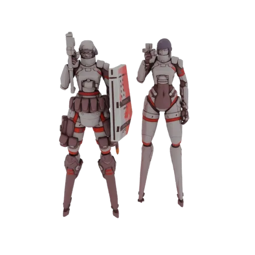 3D render of two sci-fi female soldiers, one holding a rifle and shield, the other holding a pistol, against a white backgrou