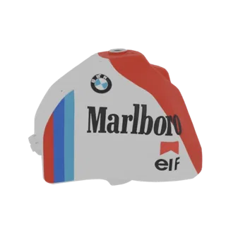 3D модель топливного бака BMW Marlboro Elf Racing с красно-бело-синими полосами и логотипами.