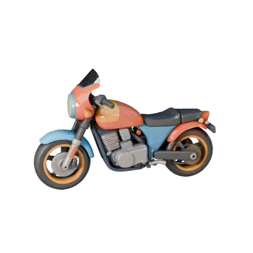 Мультяшная 3D модель мотоцикла, вид в три четверти в студии, стилизованный ассет транспортного средства с балансом рамы, масш