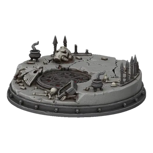 3D модель круглой базы для диорамы с треснувшим камнем, разбросанными костями, черепами и витой решеткой в стиле готических р