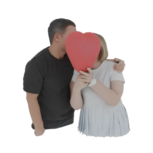 3D модель пары, обнимающейся и прячущей лица за большим красным воздушным шаром в форме сердца, мужчина обнимает женщину.