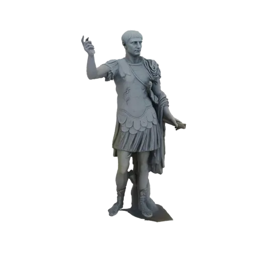 3D модель Августа Цезаря, изображенная как полноростовая статуя в римском военном облачении, с поднятой рукой.