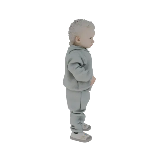 3D модель малыша в профиль, в светло-серой толстовке и штанах, с кудрявыми светлыми волосами.