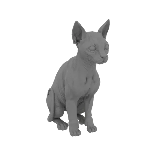 Детализированный рендер 3D модели кошки Сфинкс в сидячем положении, демонстрирующий ее уникальную морщинистую кожу и большие