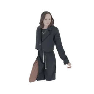 3D модель женщины с темными волосами в черном укороченном жакете и черной юбке с коричневой нижней юбкой, стоящей с вытянутой