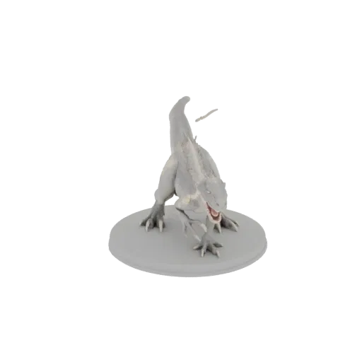 3D модель агрессивного раптора с открытым ртом, стоящего на круглой подставке.