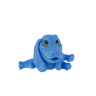 3D рендер милого синего мультяшного динозавра с большими желтыми глазами и висячими ушами, лежащего с раскинутыми конечностям