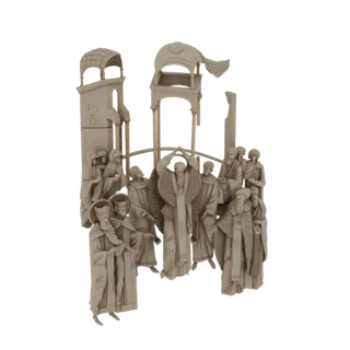 Рендер 3D модели барельефа "Крестный ход духовенства" с множеством фигур в облачениях и архитектурными элементами.