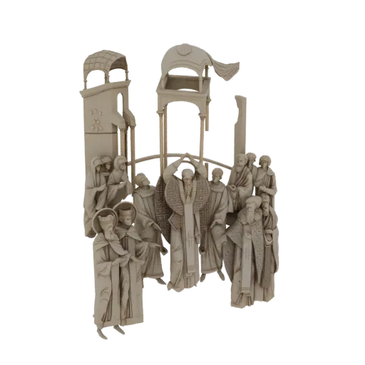 Рендер 3D модели барельефа "Крестный ход духовенства" с множеством фигур в облачениях и архитектурными элементами.