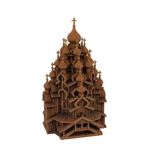Детализированная 3D модель традиционной деревянной церкви с несколькими луковичными куполами и замысловатыми архитектурными д