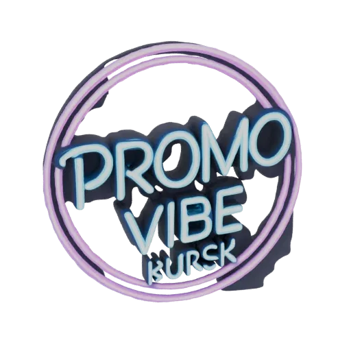 3D модель неоновой вывески 'Promo Vibe Kursk' с синим свечением текста внутри фиолетового неонового круга.
