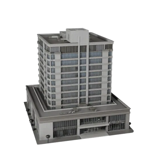 Реалистичная 3D модель бизнес-центра, вид с трех четвертей снаружи, показывающий материалы коммерческого офисного здания и ар