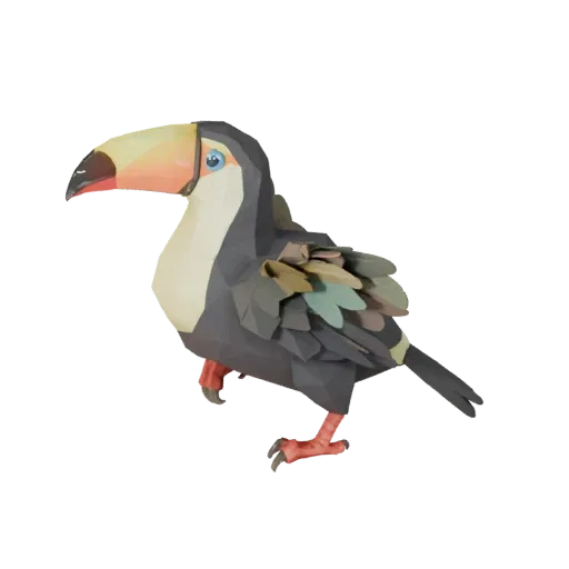 Низкополигональная 3D-модель тукана, вид сбоку в игровой камере, низкополигональный ассет животного с профилем клюва, многосл