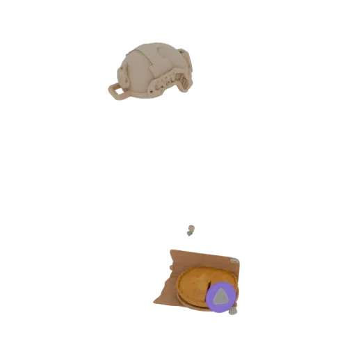 3D модель тактического шлема и пирога на коричневой бумажной обертке, с реалистичными текстурами.